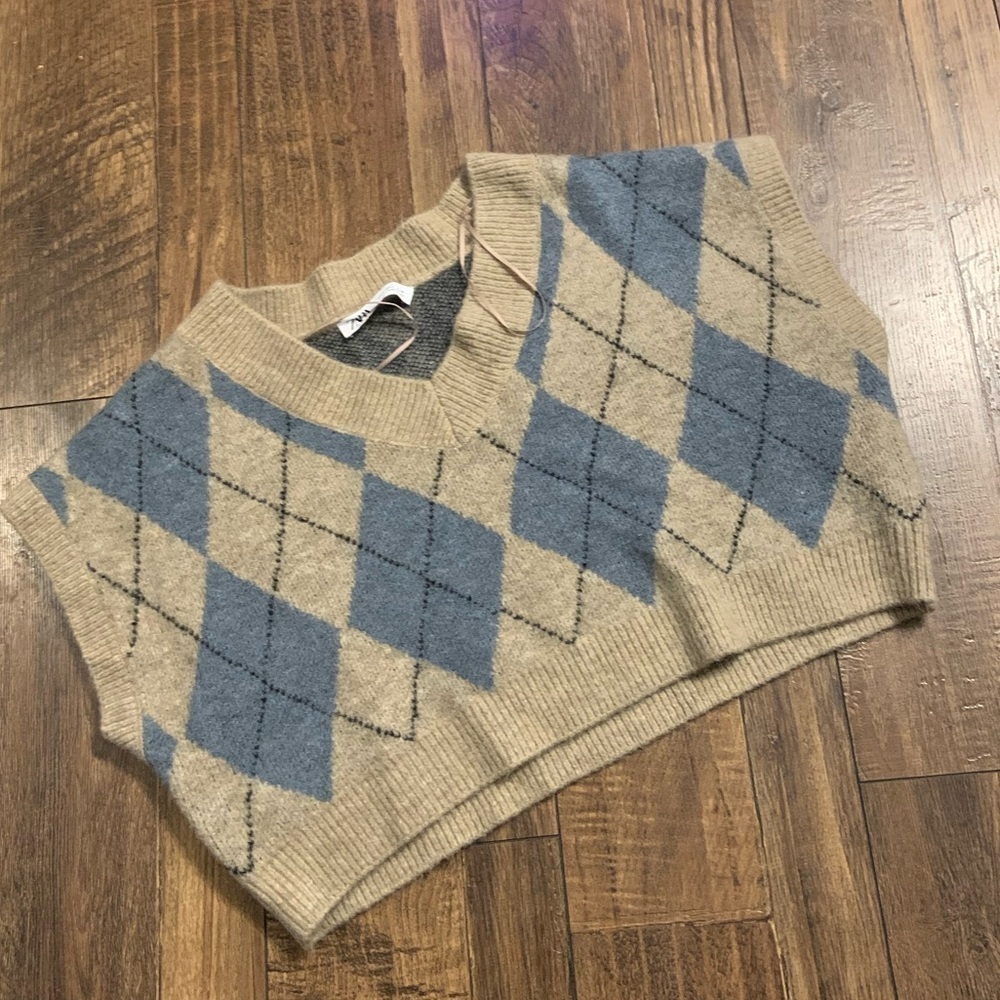 Nwot Zara crop argyle vest  S preppy casual classic winter boho knit fall $89 - Picture 4 of 5